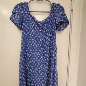 Mango Blue Floral Button Front Tie Back Dress